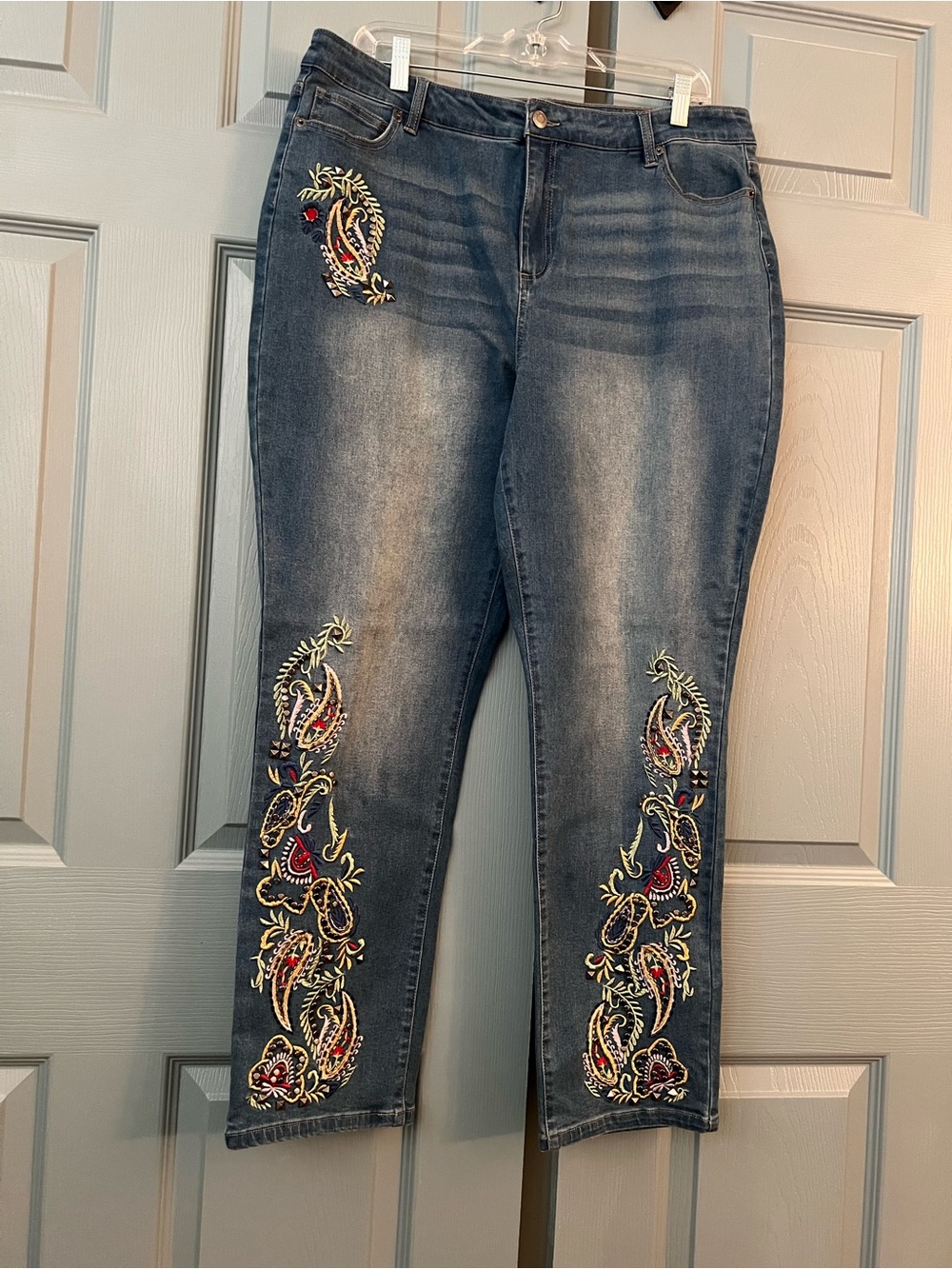 Boston Proper Embroidered and Embellished Straight Jeans.